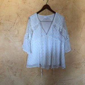 white v neck blouse gold and silver stitching
